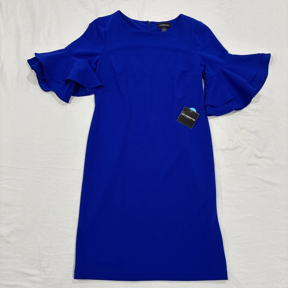 Liz Claiborne Dress Womens 8 1/2 Sleeve Bell Shift Cobalt Blue Polyester Spandex